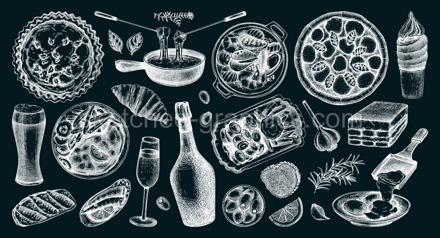 European food hand drawn vector illustration. Traditional Europe dishes on chalkboard. Perfect restaurant menu, packaging, or prints. NOT AI generated Illustration